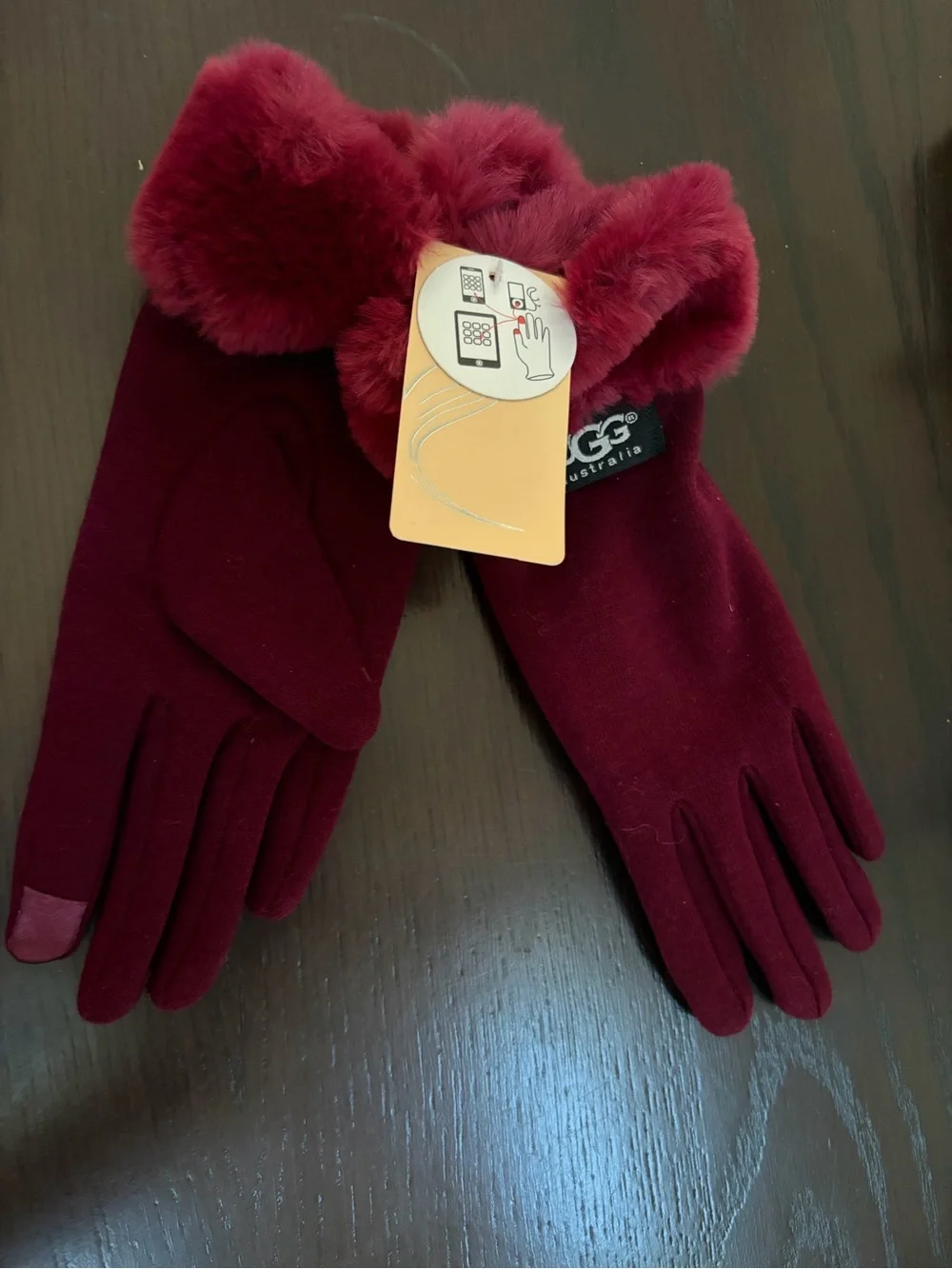 UGG Burgundy Faux Fur Cuff Touchscreen Knit Gloves